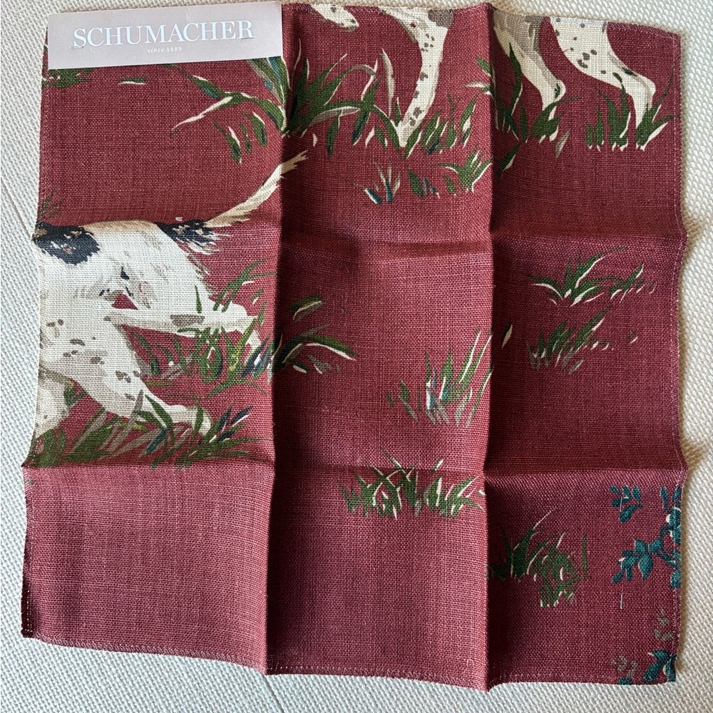 Schumacher Red and Green Fabric Swatch Pointers Pattern in Burgandy.